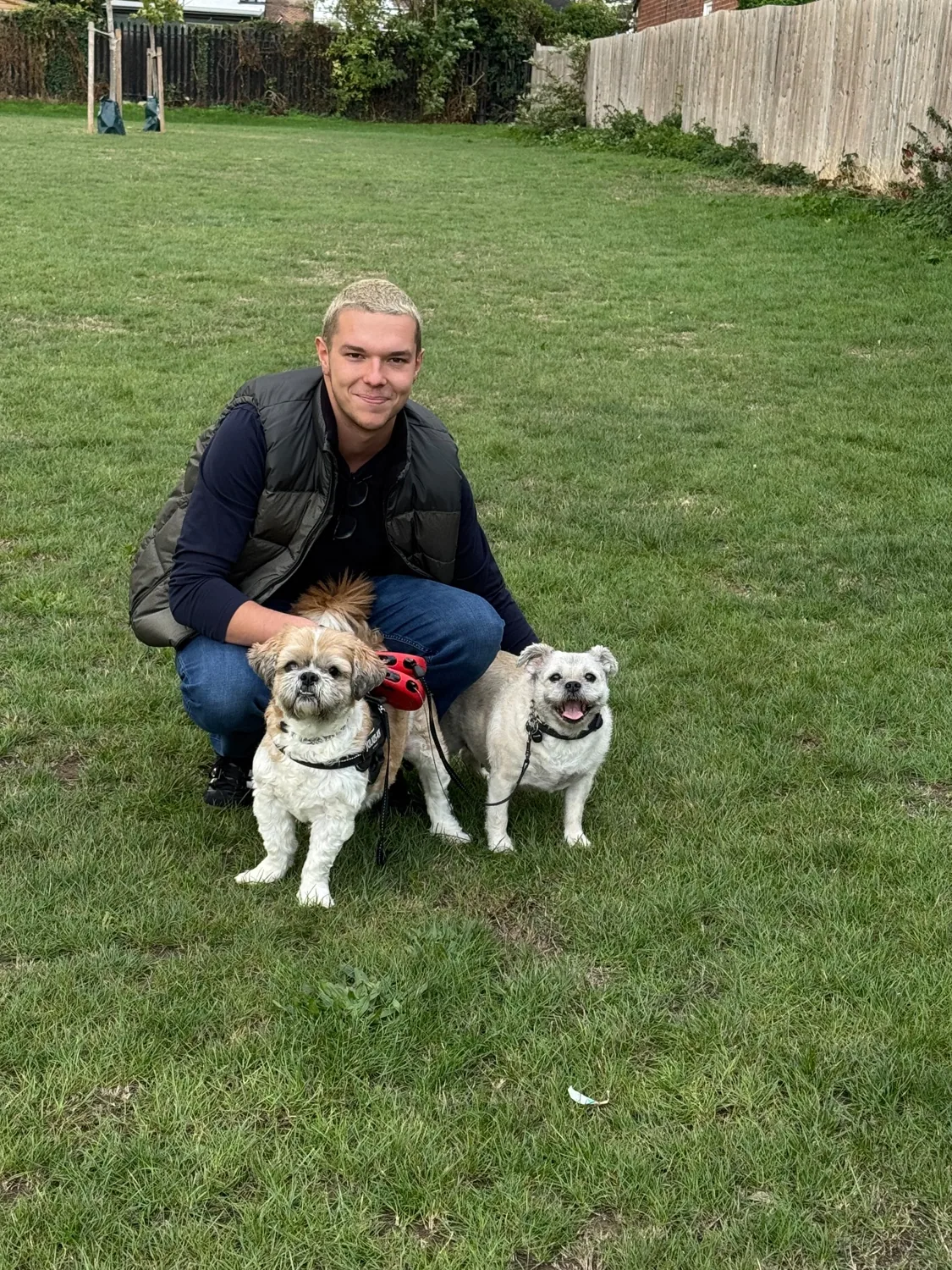 Cohen kneeling with two dogs in a grassy park